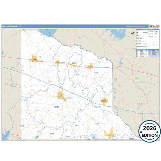 Van Zandt County, TX Business Reference 5 Digit ZIP Code Wall Map