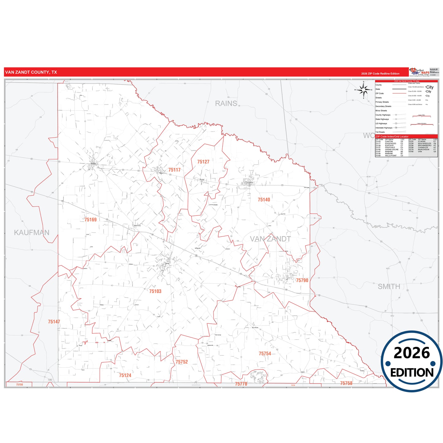 Van Zandt County, TX Red Line 5 Digit ZIP Code Wall Map