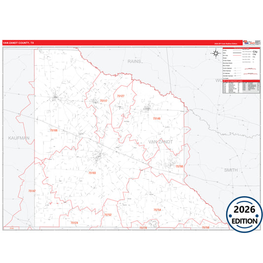 Van Zandt County, TX Red Line 5 Digit ZIP Code Wall Map