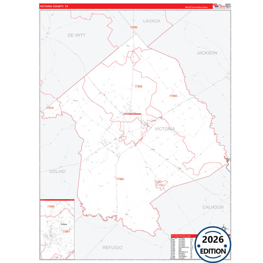 Victoria County, TX Red Line 5 Digit ZIP Code Wall Map