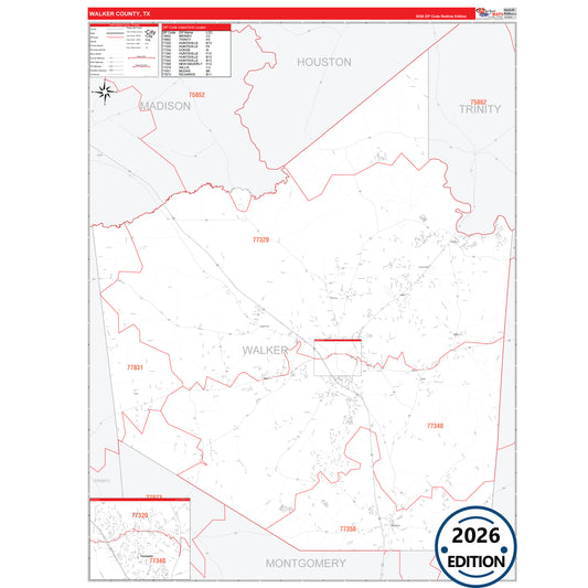 Walker County, TX Red Line 5 Digit ZIP Code Wall Map
