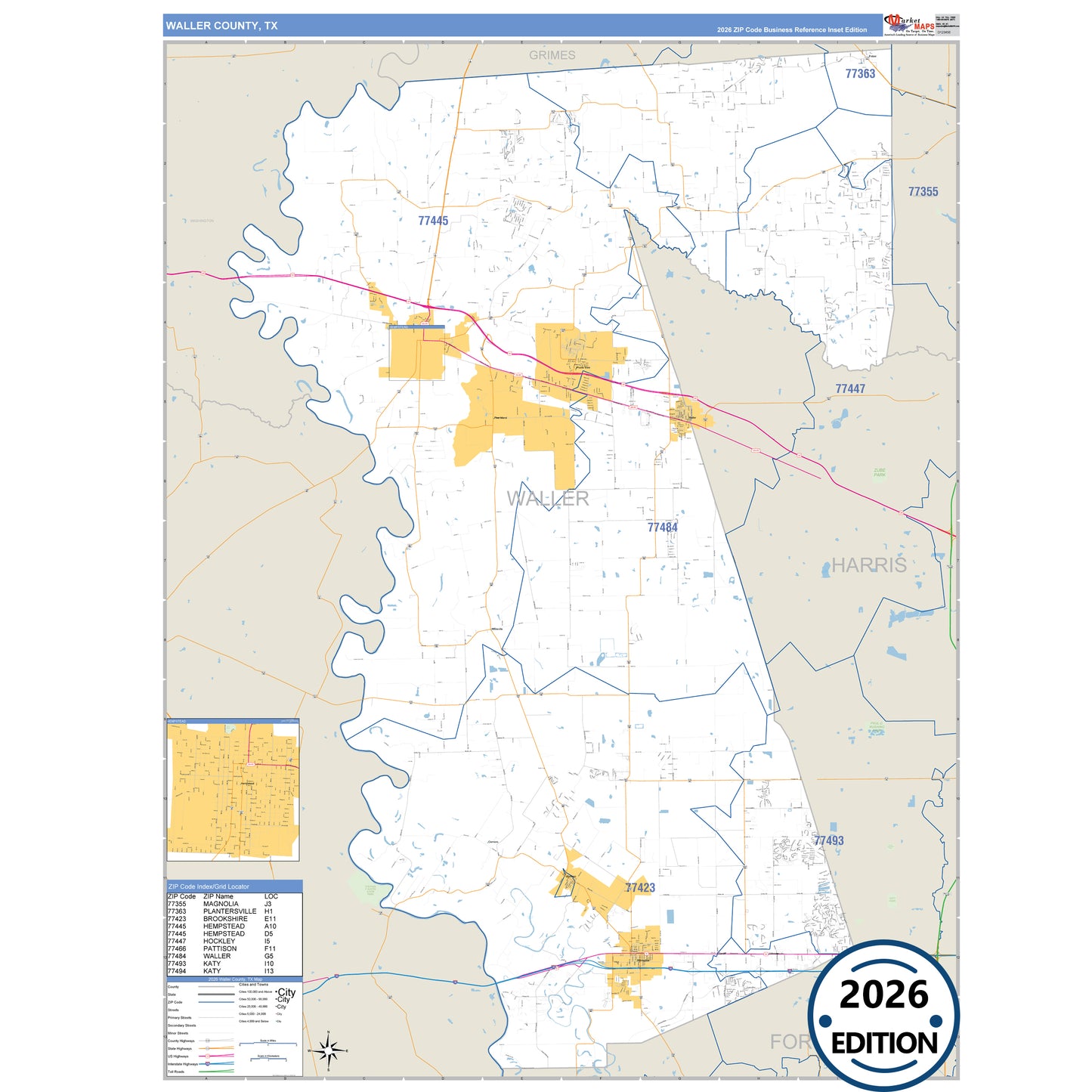 Waller County, TX Business Reference 5 Digit ZIP Code Wall Map