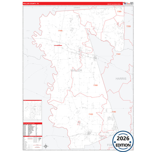 Waller County, TX Red Line 5 Digit ZIP Code Wall Map
