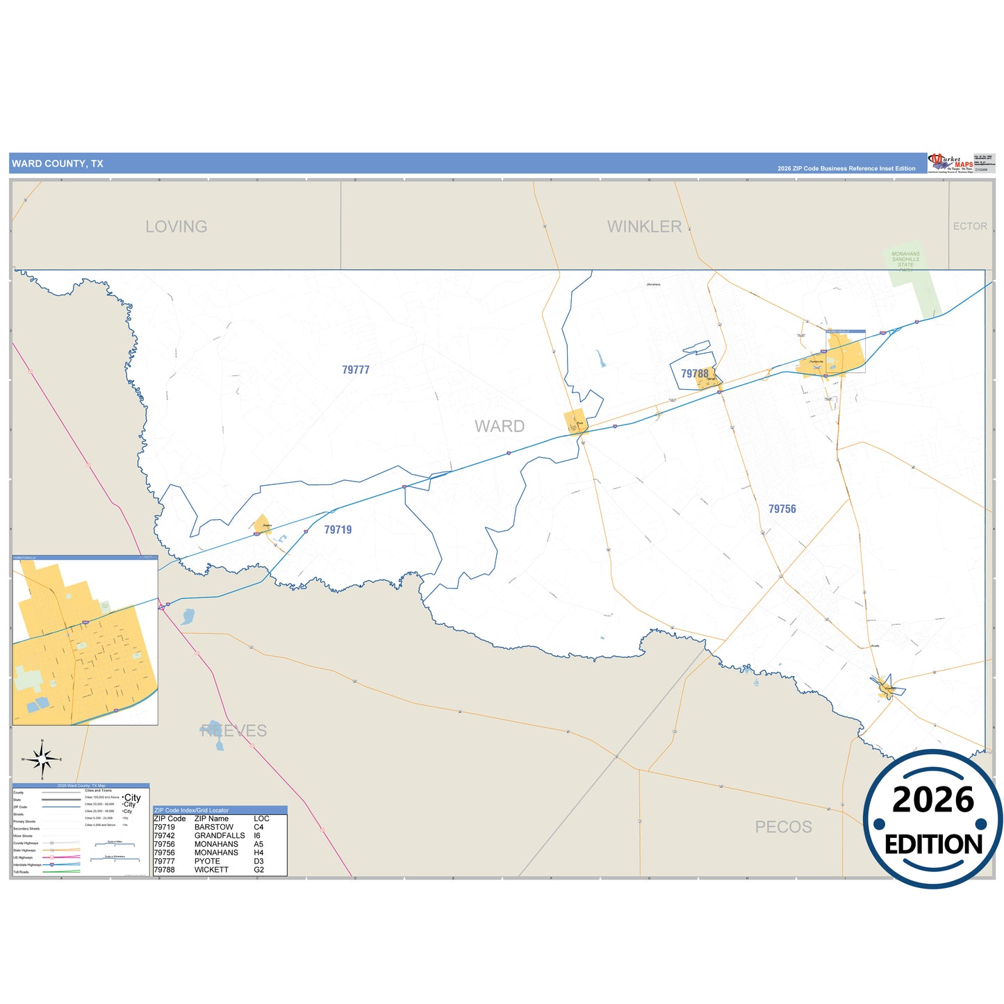 Ward County, TX Business Reference 5 Digit ZIP Code Wall Map