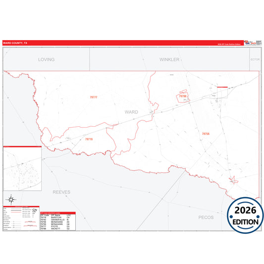 Ward County, TX Red Line 5 Digit ZIP Code Wall Map