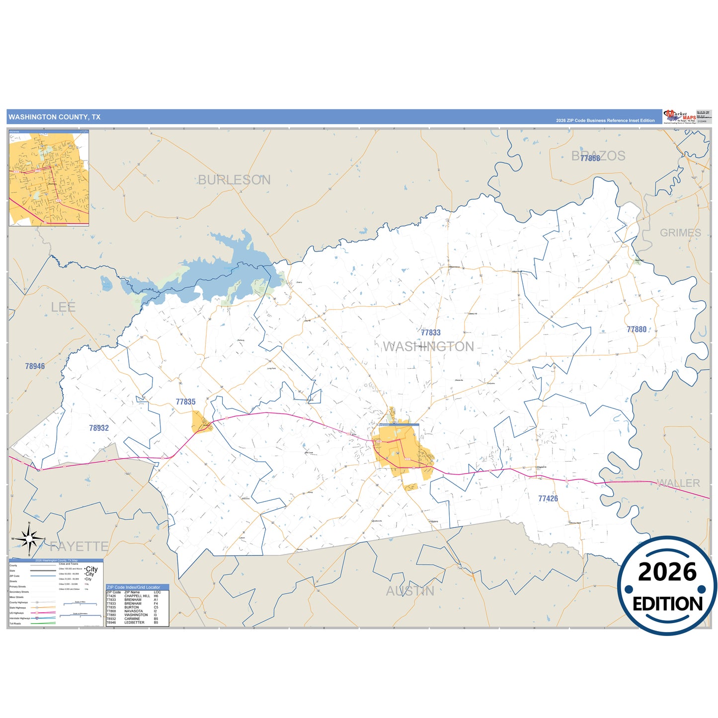 Washington County, TX Business Reference 5 Digit ZIP Code Wall Map