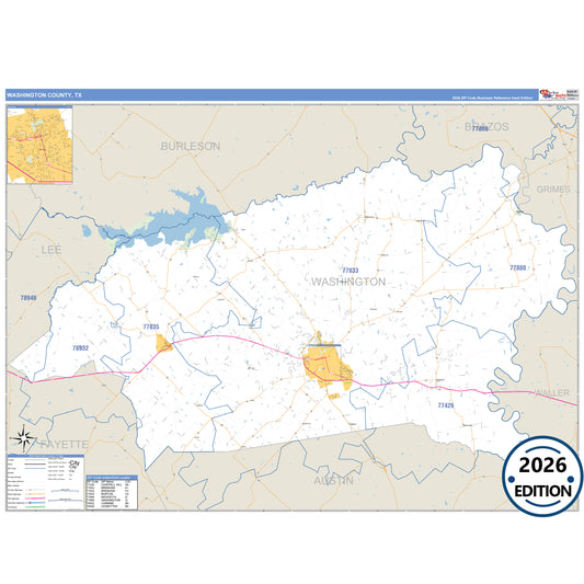 Washington County, TX Business Reference 5 Digit ZIP Code Wall Map