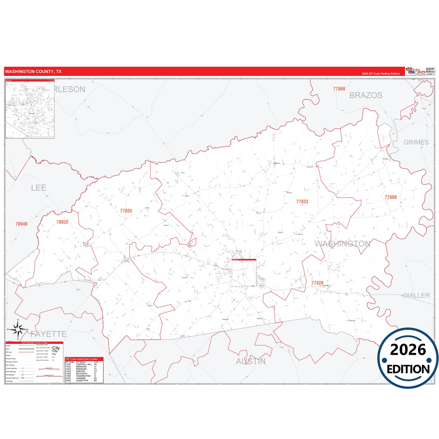 Washington County, TX Red Line 5 Digit ZIP Code Wall Map