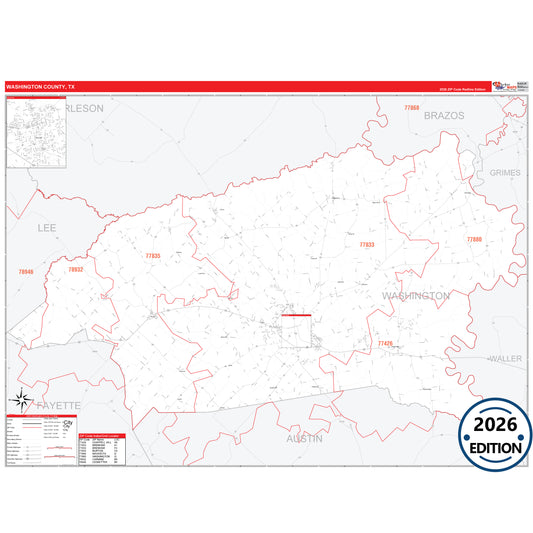 Washington County, TX Red Line 5 Digit ZIP Code Wall Map