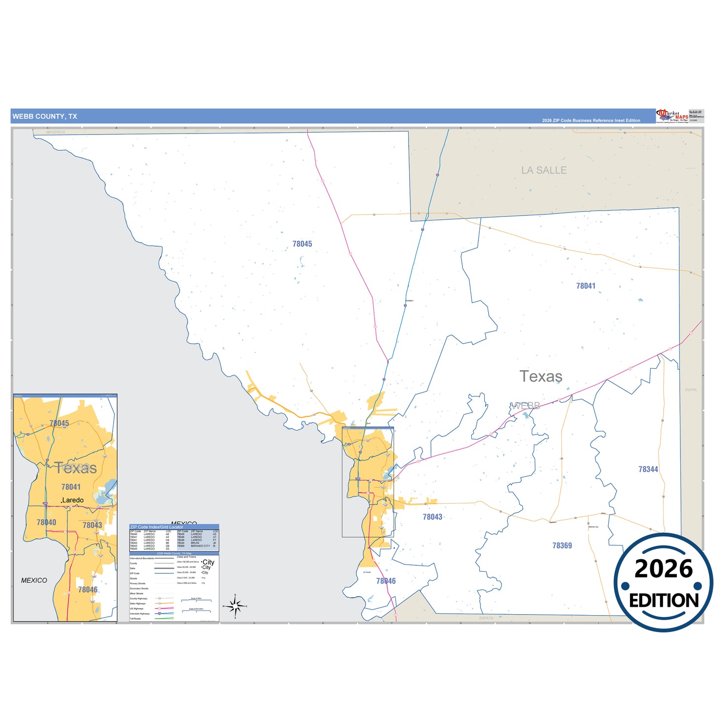 Webb County, TX Business Reference 5 Digit ZIP Code Wall Map