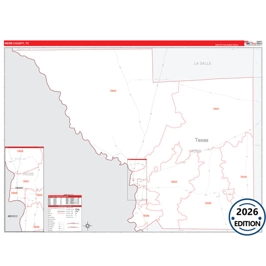 Webb County, TX Red Line 5 Digit ZIP Code Wall Map