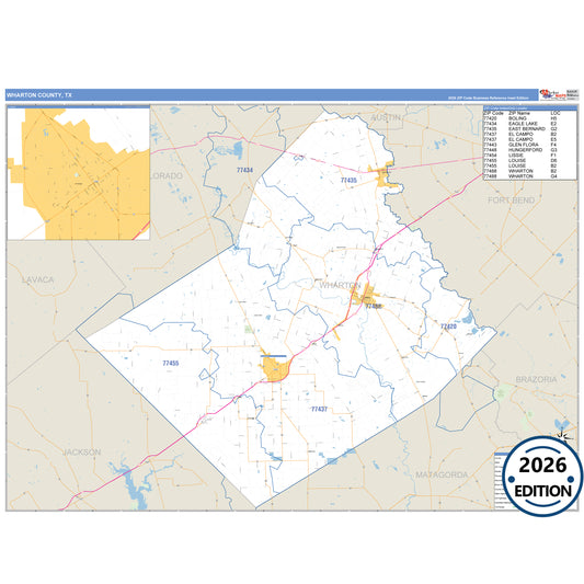 Wharton County, TX Business Reference 5 Digit ZIP Code Wall Map