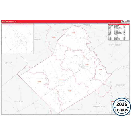 Wharton County, TX Red Line 5 Digit ZIP Code Wall Map