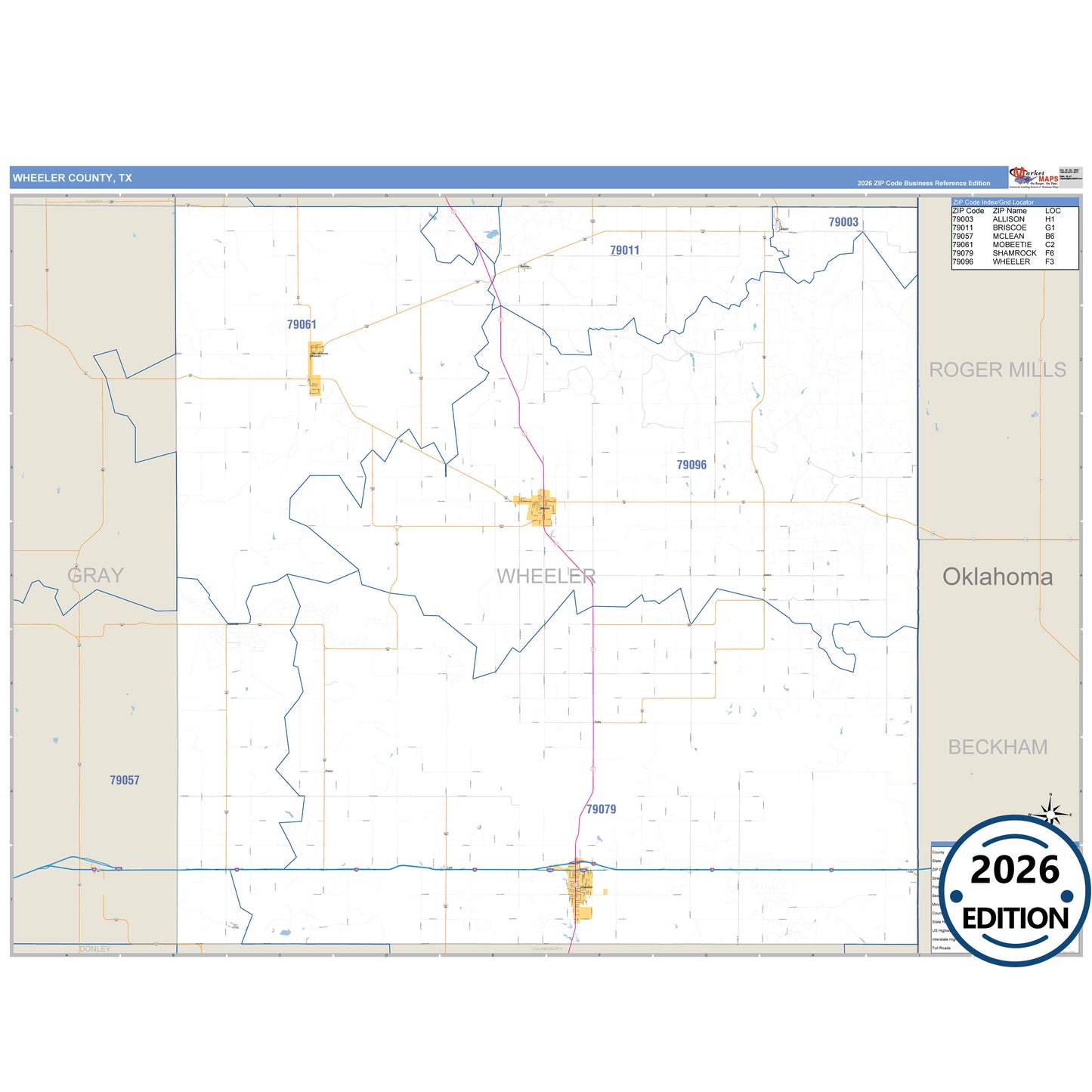 Wheeler County, TX Business Reference 5 Digit ZIP Code Wall Map