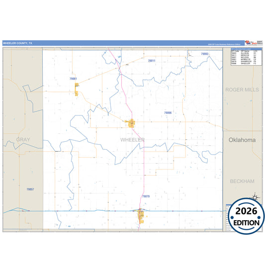 Wheeler County, TX Business Reference 5 Digit ZIP Code Wall Map