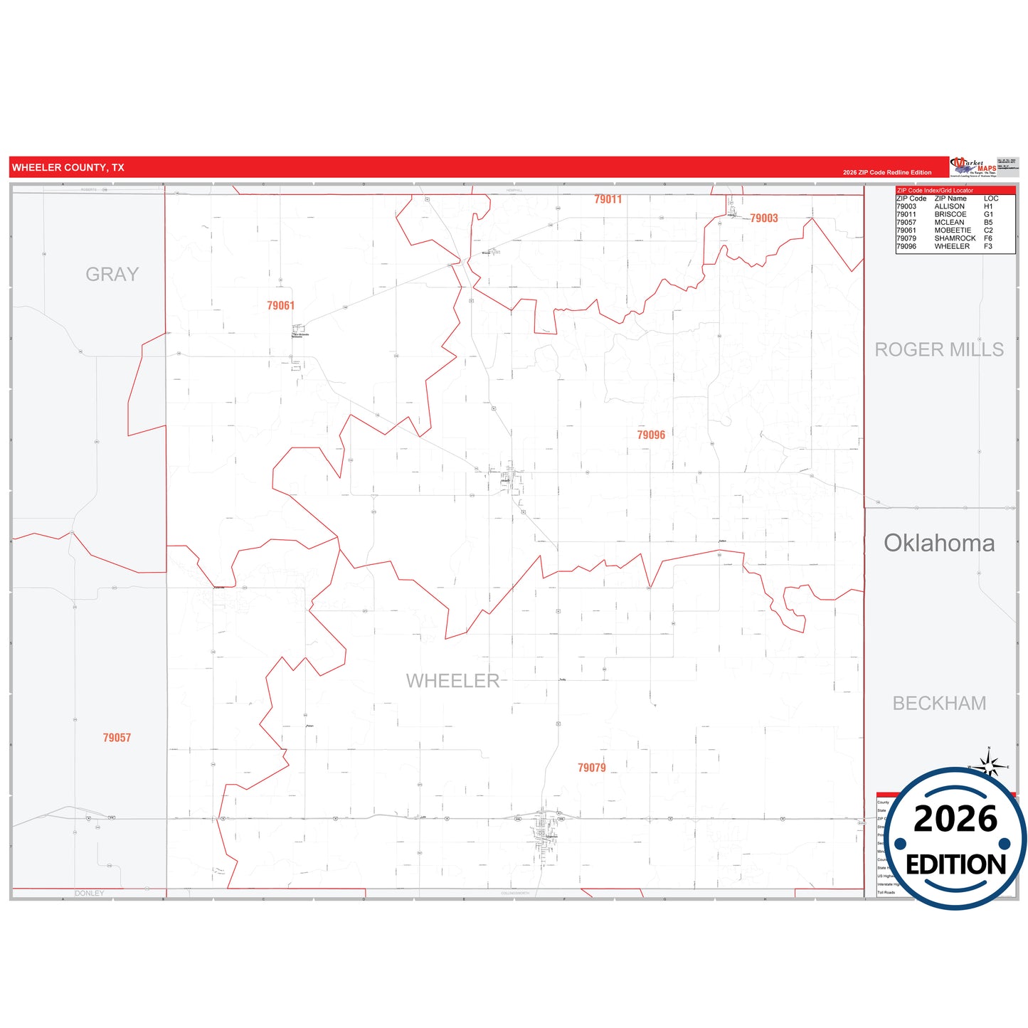 Wheeler County, TX Red Line 5 Digit ZIP Code Wall Map