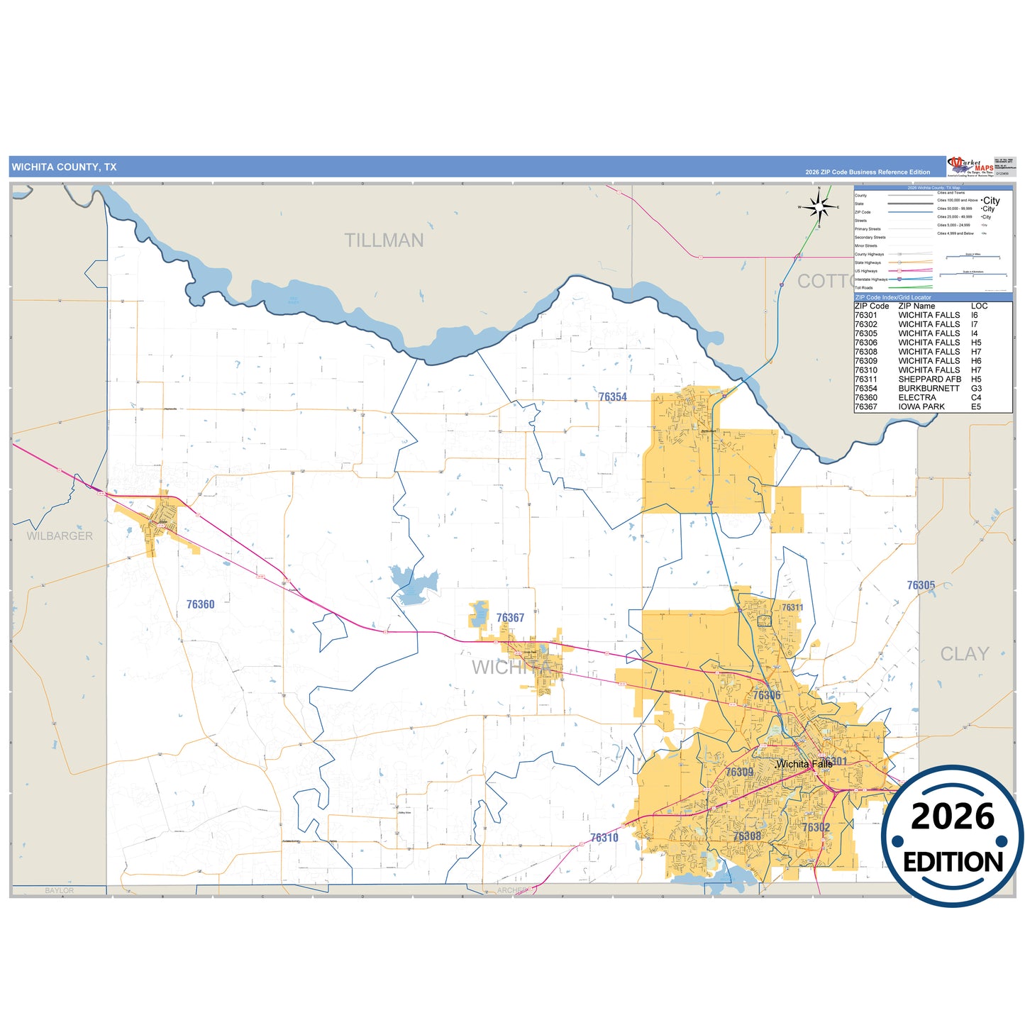 Wichita County, TX Business Reference 5 Digit ZIP Code Wall Map