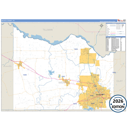 Wichita County, TX Business Reference 5 Digit ZIP Code Wall Map