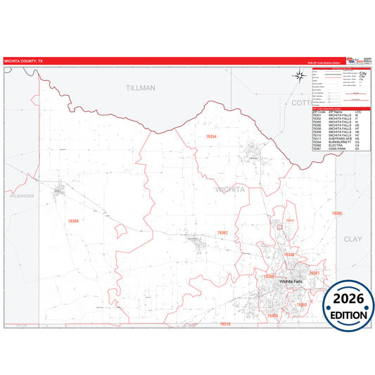 Wichita County, TX Red Line 5 Digit ZIP Code Wall Map