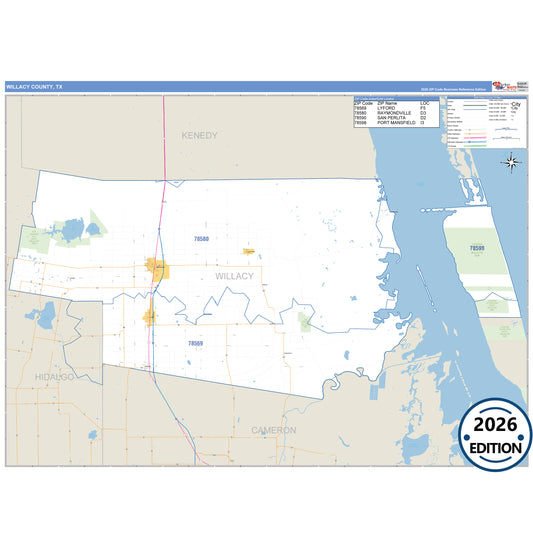 Willacy County, TX Business Reference 5 Digit ZIP Code Wall Map