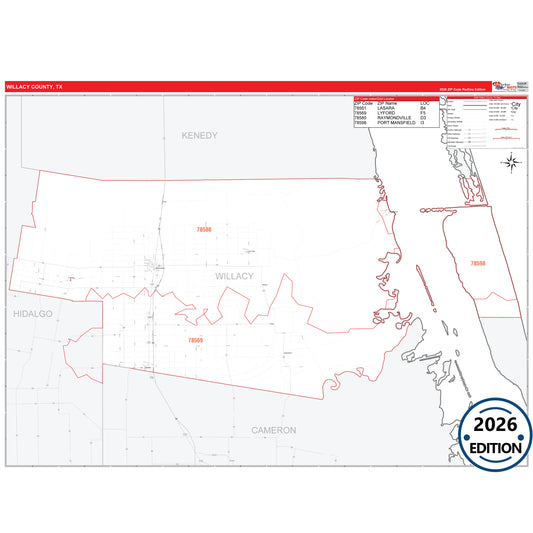 Willacy County, TX Red Line 5 Digit ZIP Code Wall Map