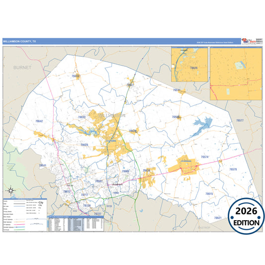 Williamson County, TX Business Reference 5 Digit ZIP Code Wall Map
