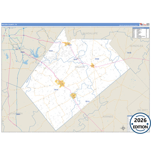 Wilson County, TX Business Reference 5 Digit ZIP Code Wall Map