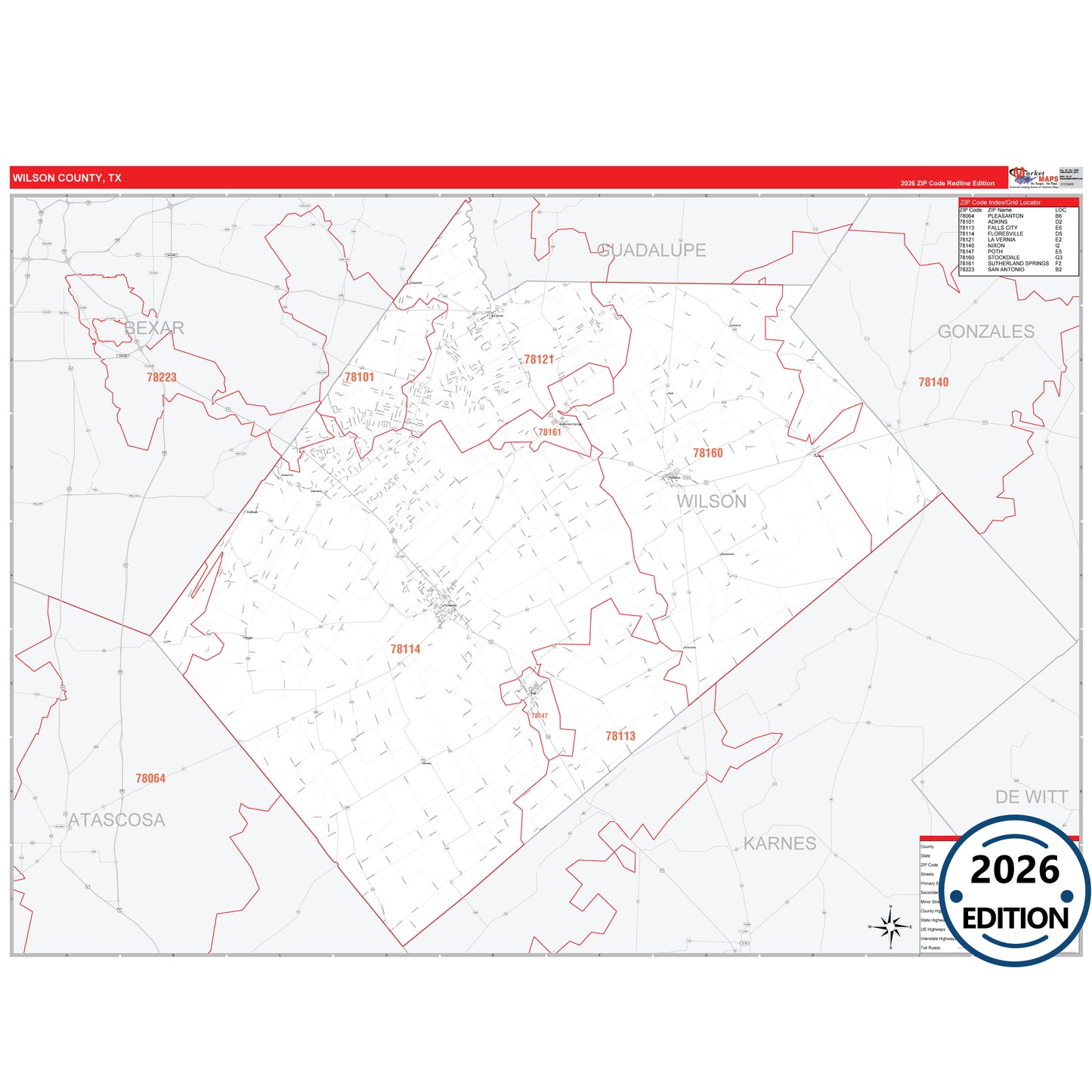 Wilson County, TX Red Line 5 Digit ZIP Code Wall Map