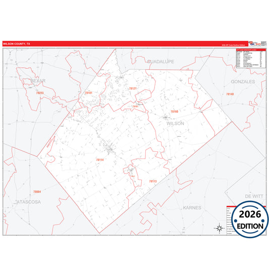 Wilson County, TX Red Line 5 Digit ZIP Code Wall Map