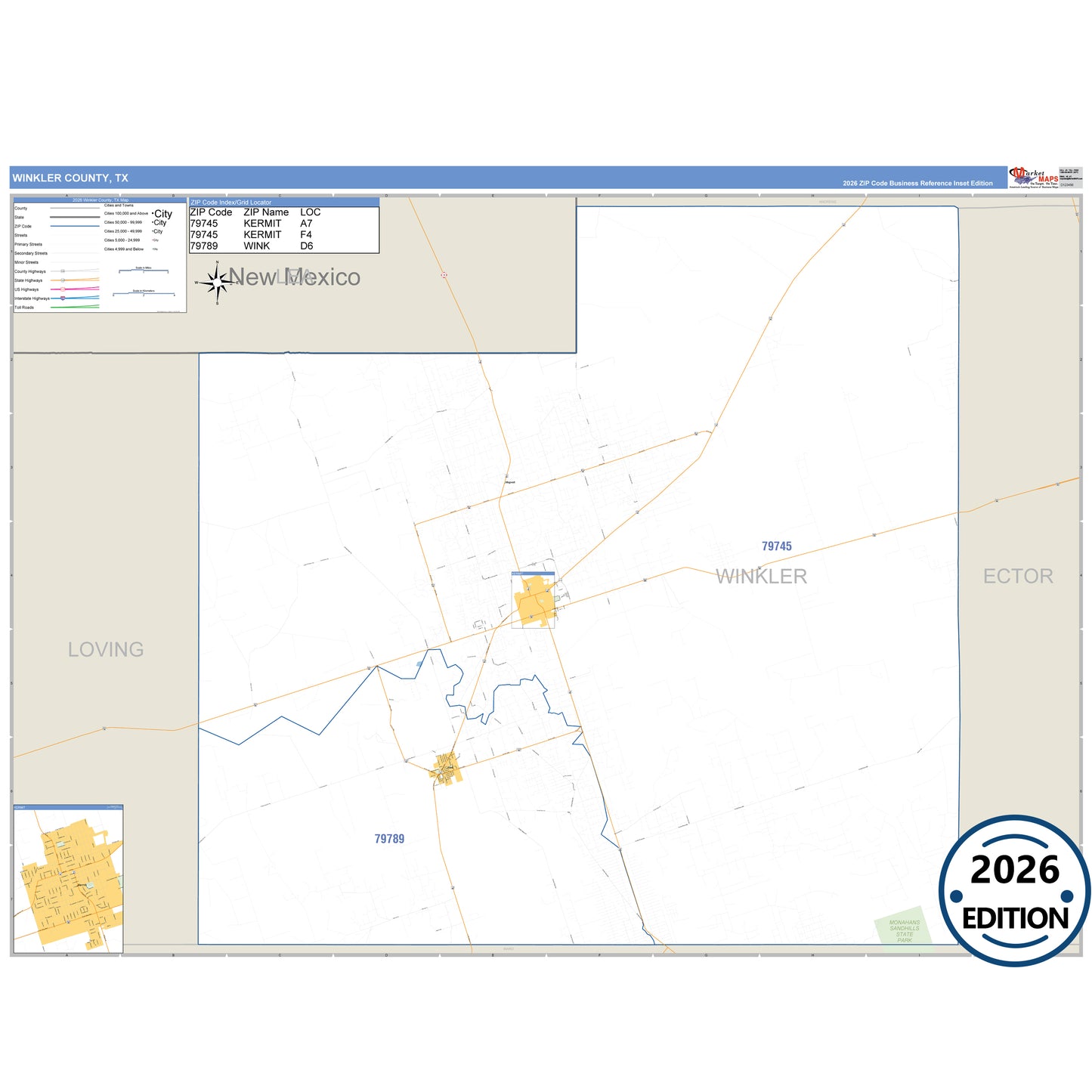 Winkler County, TX Business Reference 5 Digit ZIP Code Wall Map