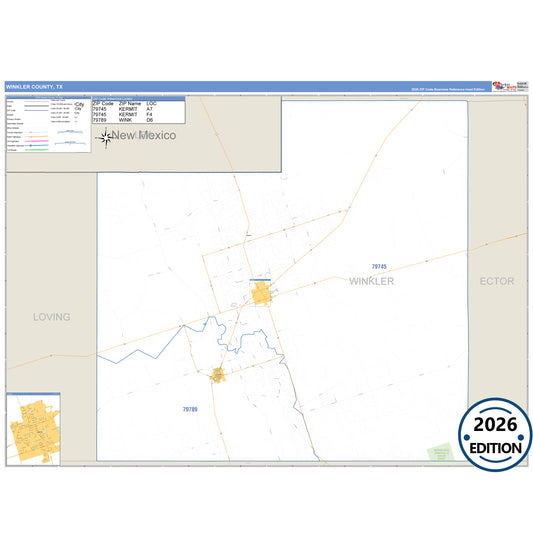 Winkler County, TX Business Reference 5 Digit ZIP Code Wall Map