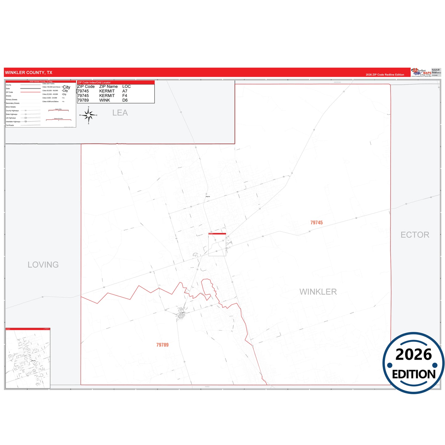 Winkler County, TX Red Line 5 Digit ZIP Code Wall Map