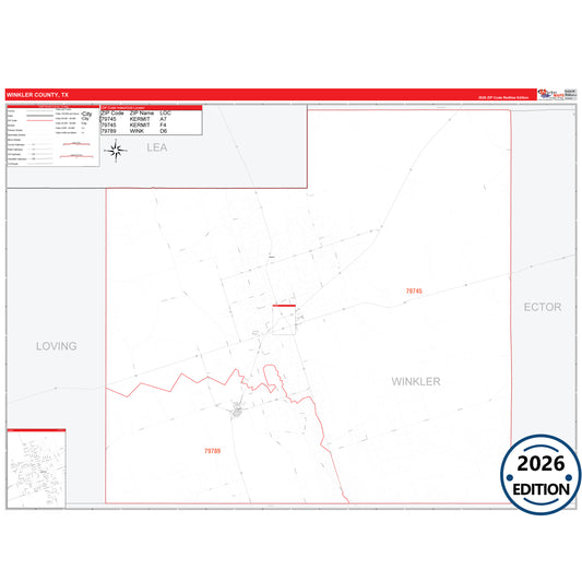 Winkler County, TX Red Line 5 Digit ZIP Code Wall Map