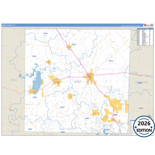 Wise County, TX Business Reference 5 Digit ZIP Code Wall Map