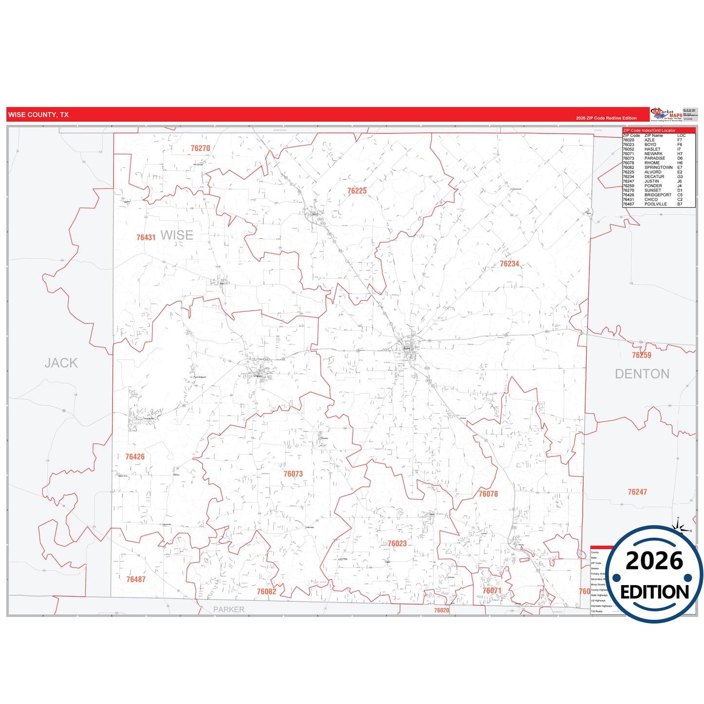 Wise County, TX Red Line 5 Digit ZIP Code Wall Map