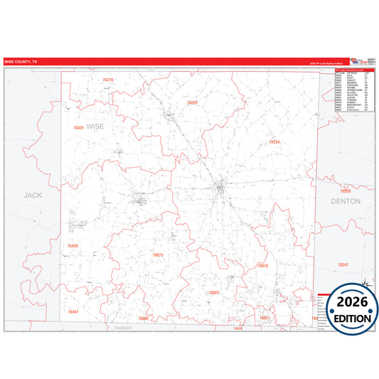 Wise County, TX Red Line 5 Digit ZIP Code Wall Map