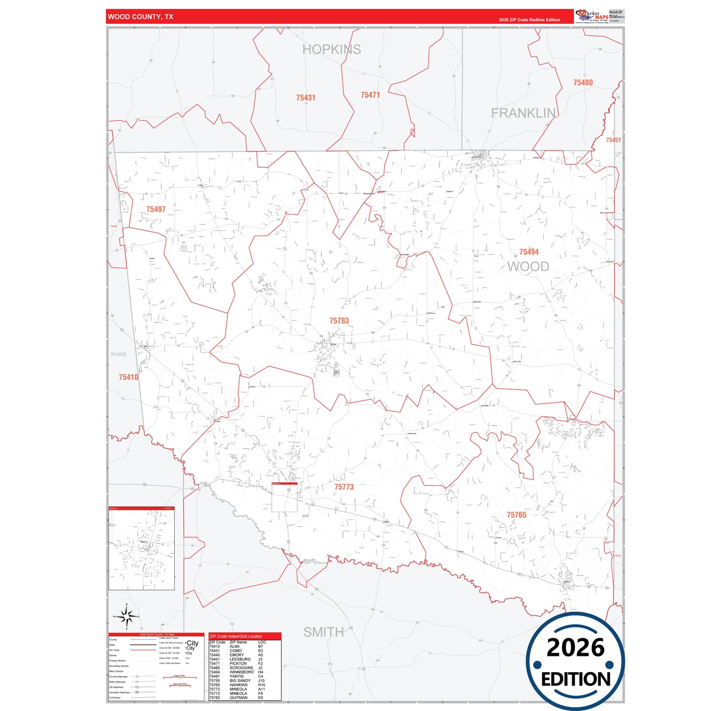 Wood County, TX Red Line 5 Digit ZIP Code Wall Map