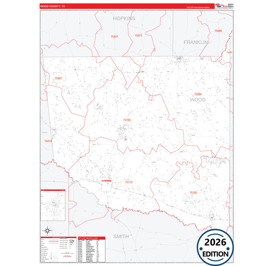 Wood County, TX Red Line 5 Digit ZIP Code Wall Map