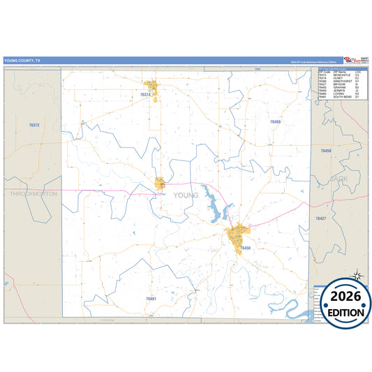 Young County, TX Business Reference 5 Digit ZIP Code Wall Map