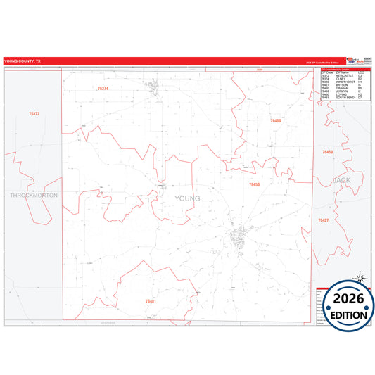 Young County, TX Red Line 5 Digit ZIP Code Wall Map