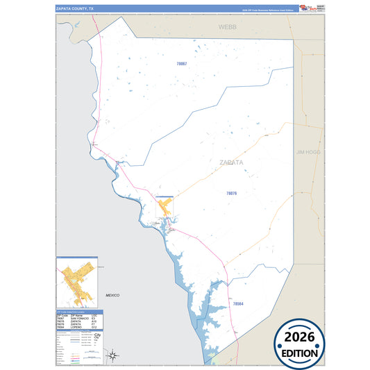 Zapata County, TX Business Reference 5 Digit ZIP Code Wall Map