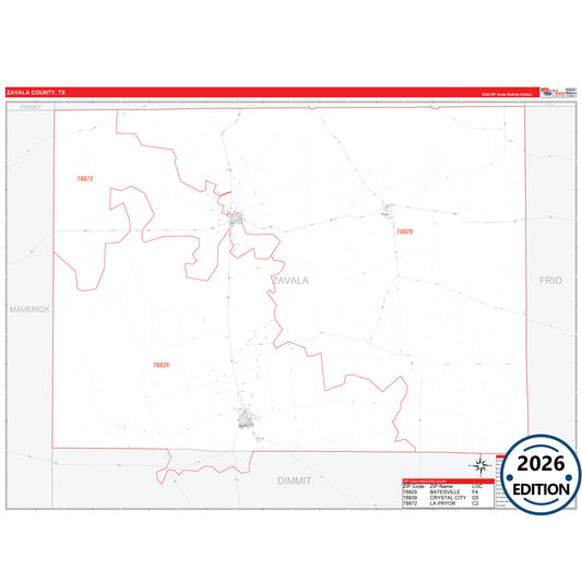 Zavala County, TX Red Line 5 Digit ZIP Code Wall Map