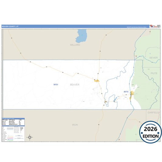 Beaver County, UT Business Reference 5 Digit ZIP Code Wall Map
