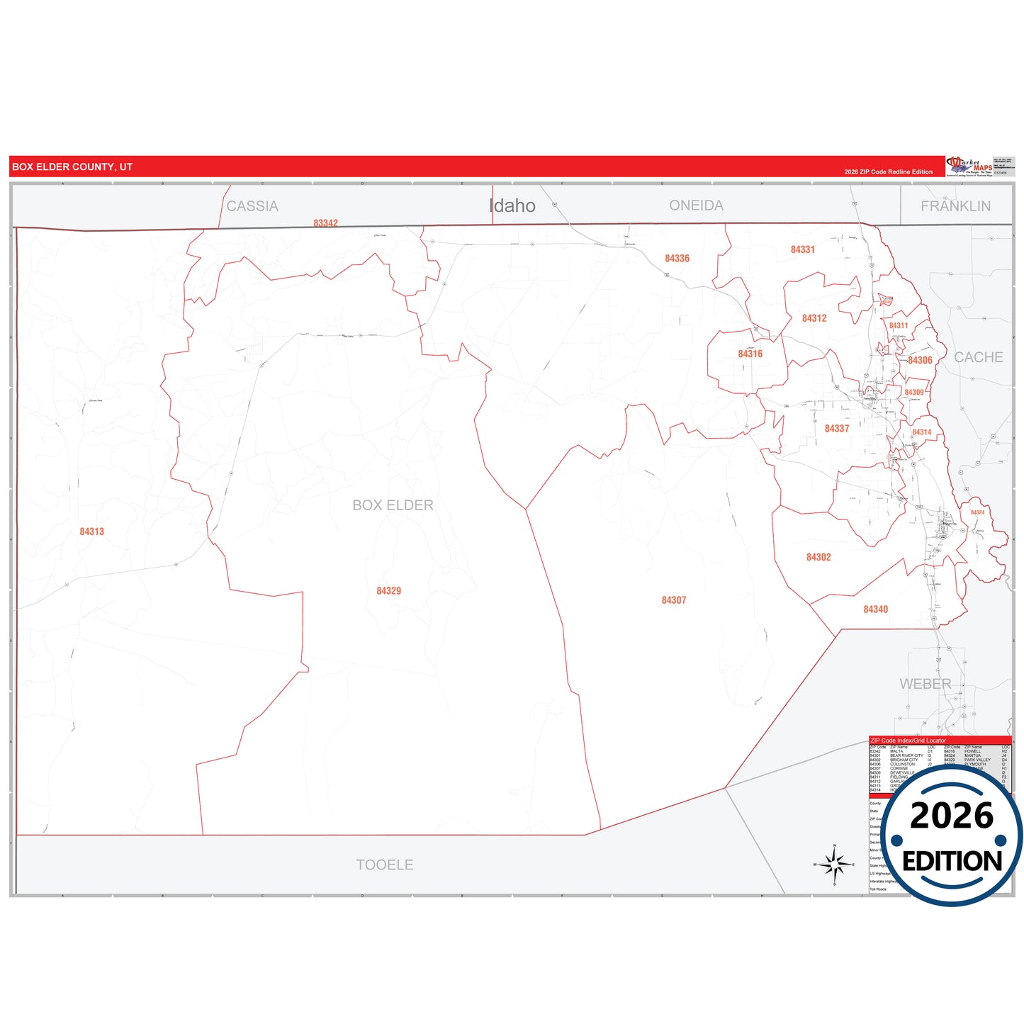 Box Elder County, UT Red Line 5 Digit ZIP Code Wall Map