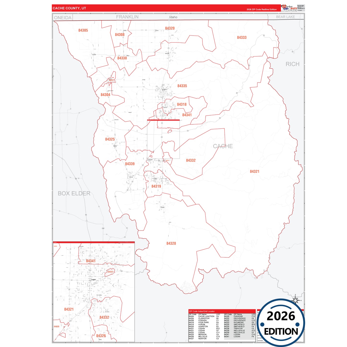 Cache County, UT Red Line 5 Digit ZIP Code Wall Map