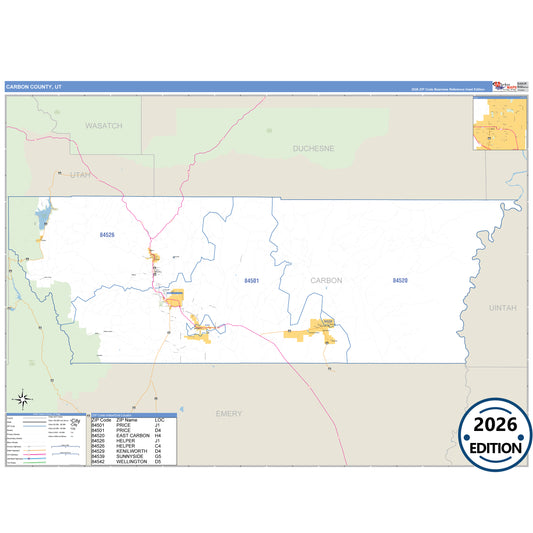 Carbon County, UT Business Reference 5 Digit ZIP Code Wall Map