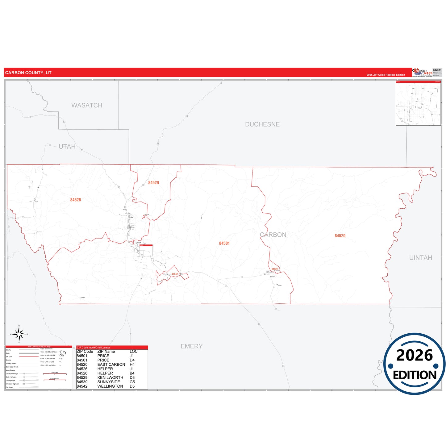 Carbon County, UT Red Line 5 Digit ZIP Code Wall Map