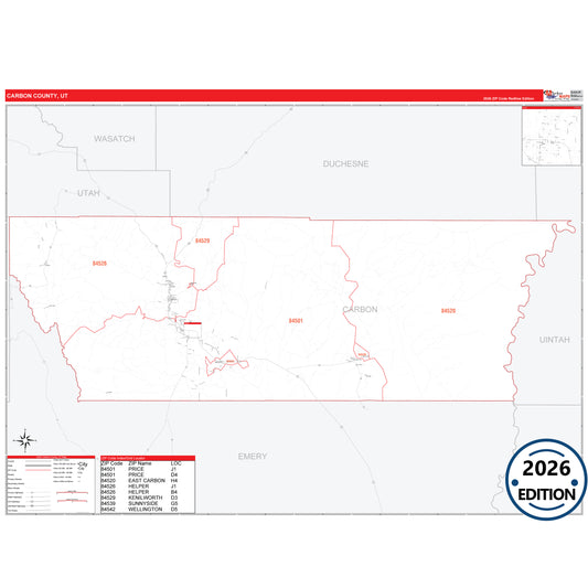 Carbon County, UT Red Line 5 Digit ZIP Code Wall Map