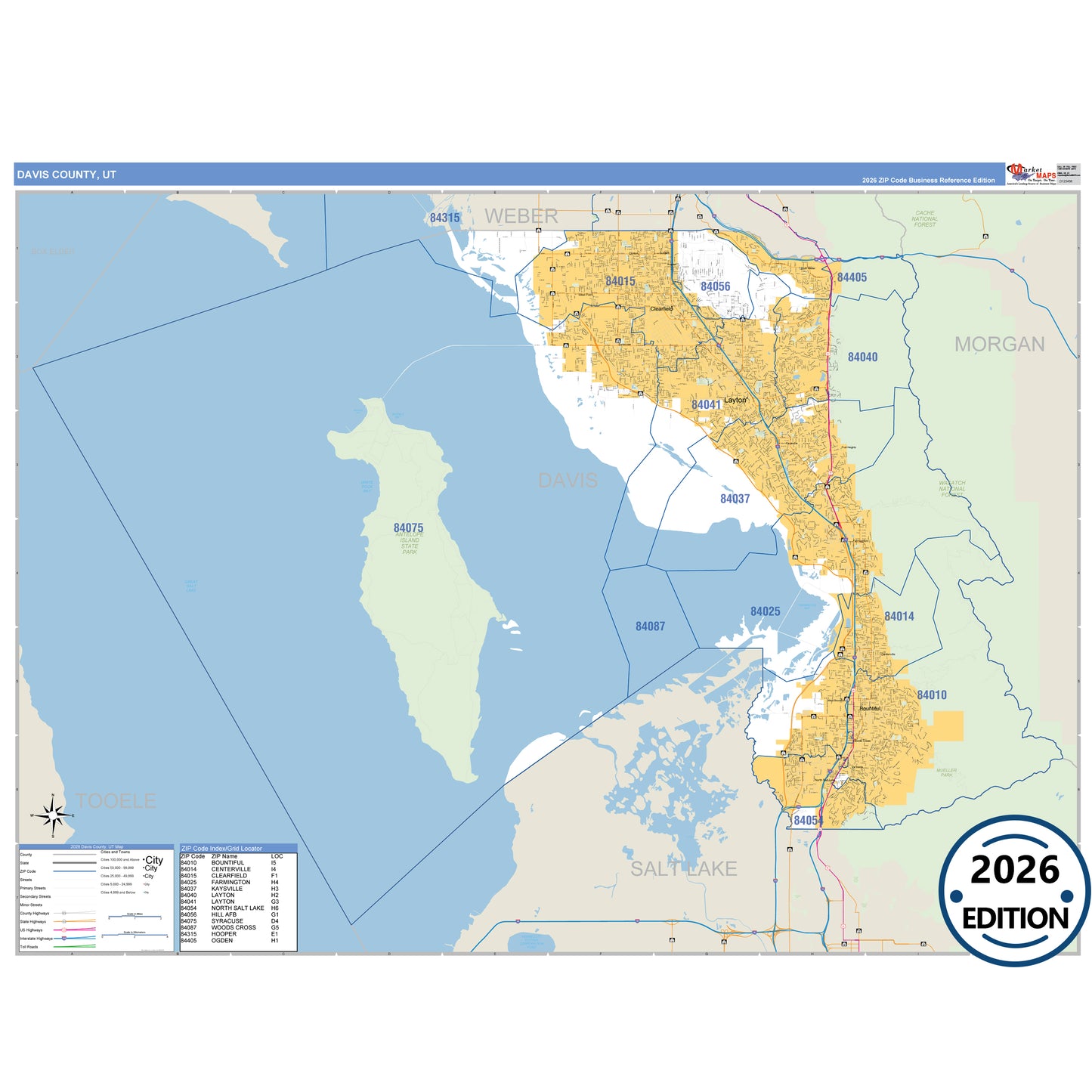 Davis County, UT Business Reference 5 Digit ZIP Code Wall Map
