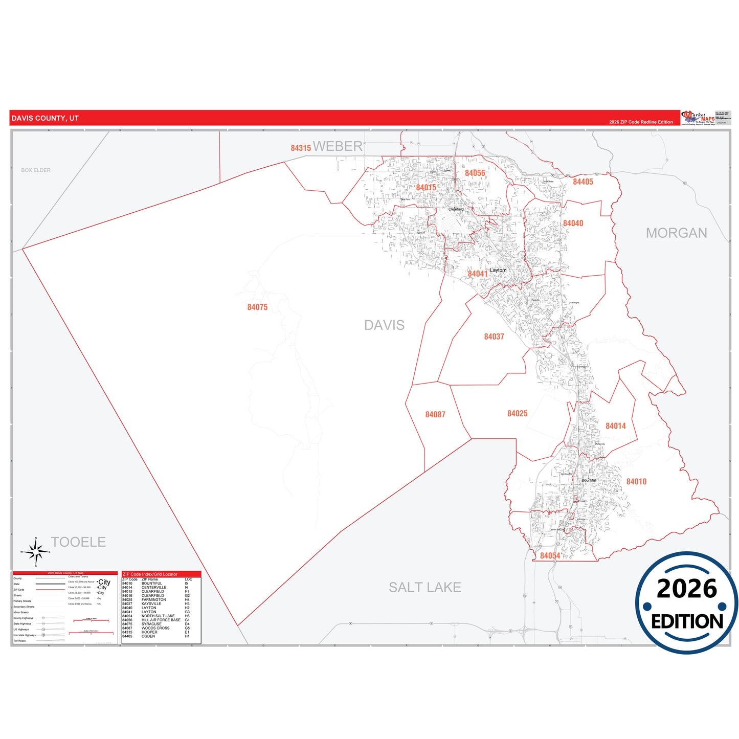 Davis County, UT Red Line 5 Digit ZIP Code Wall Map
